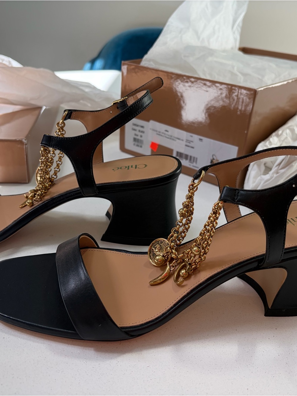 Chloe Black Leather Mid-Heel Sandals with Gold Chain Charms